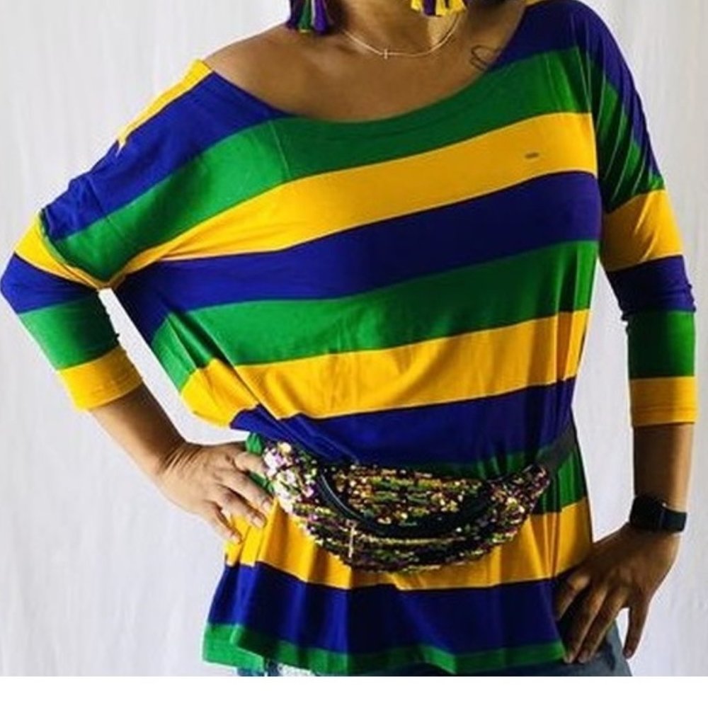 Oversized Boat Neck Mardi Gras Stripe Shirt S/M L/XL